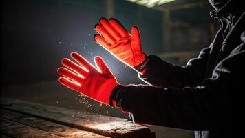 A dramatic closeup of hands wearing neon red gloves against a shadowy background. The light catches the edges of the gloves illuminating them with bursts of fiery color.. photo