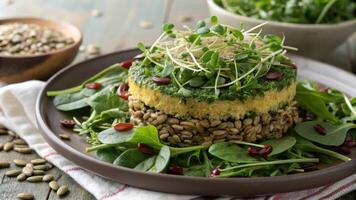 A rich tapestry of textures as finely chopped herbs and microgreens rest atop an assortment of leafy greens. The layers create depth with bright and dark greens mingling. photo