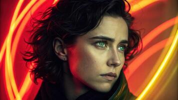 A dramatic headshot showcasing a person with dark wavy hair and striking green eyes. Their focused expression is lit by vibrant red and yellow light leaks that wrap around the. photo