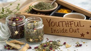An ornate wooden tray featuring an array of herbal blend jars each labeled with their benefits. One jar is od and its lush contents spill out revealing a cascade of dried. photo