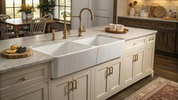 A large deep farmhouse sink sits prominently its apron front enhancing the welcoming atmosphere while offering functional utility paired beautifully with sleek brass faucets.. photo