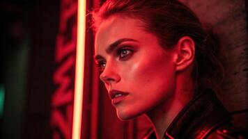 A dramatic portrait of a woman with sharp cheekbones her face illuminated by a deep red neon light. Her eyes filled with determination pierce through the shadows creating a. photo