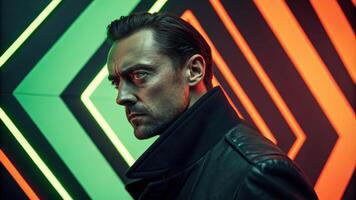 A closeup of a man with a chiseled jawline and deepset eyes framed by a backdrop of bold geometric shapes in neon green and orange. The dynamic patterns ripple around him providing. photo