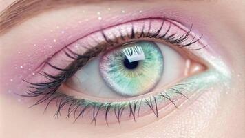 A closeup of an eye reveals a magical effect created with a cascade of reflective pastel colors. Soft pinks and gentle mint greens create a dreamlike look accentuated by delicate. photo