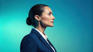 A confident businesswoman is captured in profile her sleek hair pulled back. The gradient ranges from a cool teal at the top to a rich navy at the bottom underscoring her. photo
