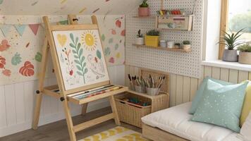 A cozy nook features a charming wooden easel splattered with paint backed by an organized pegboard displaying brushes and paper enveloped in lively wall colors that inspire. photo