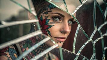 A captivating image of a person with striking tattoos their face partially obscured by shimmering shards of glass that reflect various colors and patterns adding depth and intrigue. photo
