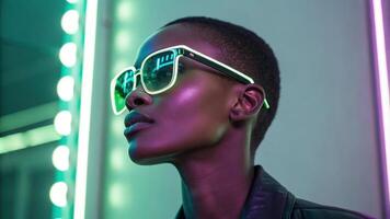 A confident individual poses in front of a softly illuminated background wearing sleek neonreflective glasses. The reflection of subtle neon green and purple hues on the lenses. photo