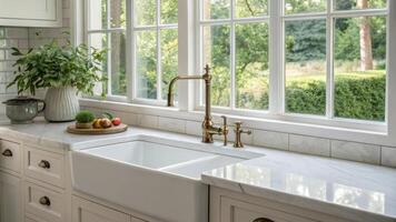 A farmhouse sink gleaming under a vintageinspired faucet is positioned beneath a window providing a charming view of greenery outside and enhancing the overall airy atmosphere.. photo