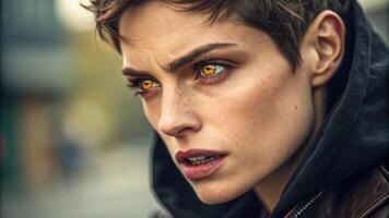 A closeup shot of an individual with bright amber eye contacts that shimmer in the light giving off a fierce and passionate vibe. Their lips are slightly parted as if about to. photo