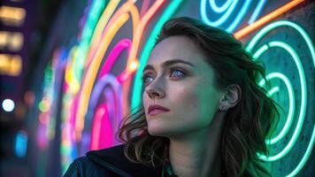 A captivating portrait of a woman with piercing green eyes her expression serious yet thoughtful set against a vibrant kaleidoscope of swirling neon colors. The patterns pulse with. photo