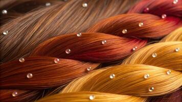 A macro shot of vibrant hair strands interwoven with small shimmering beads of light. The hair showcases a spectrum of colors from deep chestnut to sunkissed gold while the. photo