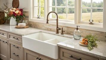 A large farmhouse sink occupies a central position under a window complemented by a bronze faucet enhancing the rustic charm of the space alongside fresh blooms in a simple vase.. photo