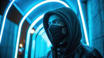 A dramatic portrait depicts a person in a sleek black mask surrounded by a neon blue aura. The vivid illumination highlights their confident expression giving the image a powerful. photo