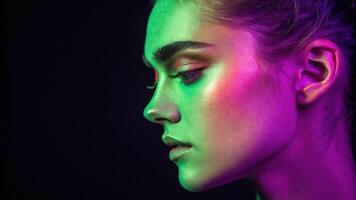 A captivating side view of the subject reveals one half awash in a neon violet and the other in a bright emerald green. This colorful illumination adds depth and dimension. photo