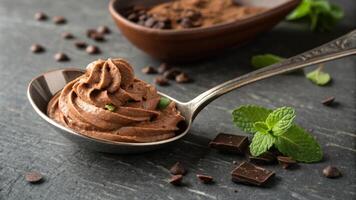An elegant s cradles a dollop of creamy proteininfused chocolate mousse its silky texture highlighted under a focused beam of light. The surface glimmers enticingly while a. photo