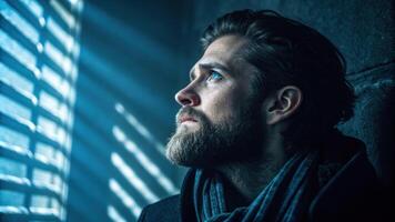 A contemplative portrait of a man with a beard his face halflit by streaks of icy blue and silver light. The contrast between shadow and illumination adds depth to his expression. photo