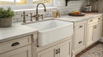 A farmhouse sink with its deep basin and vintageinspired faucet serves as both a practical feature and a stylish focal point seamlessly blending utility with aesthetic charm.. photo