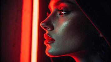 A closeup shot reveals a face caught in halfshadow with one side illuminated by vibrant red neon light that accentuates the lips and brings warmth to the otherwise stark. photo