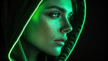 A closeup of a face partly shrouded in shadow with one side awash in glowing green neon light accentuating the sharp features and casting an ethereal quality across the skin. photo