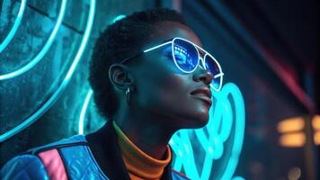 A closeup portrait showcasing a person with high cheekbones and a confident gaze. They have futuristic bluetinted glasses reflecting neon light from their surroundings. Their. photo