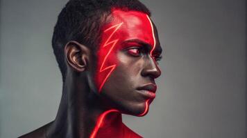 A charismatic figure half their face decorated with brilliant red neon paint that exudes passion juxtaposed against the calmness of their unpainted side creating a sharp yet. photo