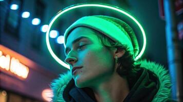 A closeup portrait of an individual with a luminous green halo around their head the neon light reflecting off their skin and creating a surreal almost otherworldly effect that. photo