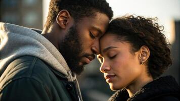A couple locked in an embrace their faces close together eyes closed conveying deep connection. The soft light highlights the contours of their faces while shadows envelop them. photo