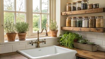 A farmhouse sink complete with a vintage faucet sits beneath the window flanked by delicate herb pots on the ledge. Wooden shelves display an assortment of jars filled with grains. photo