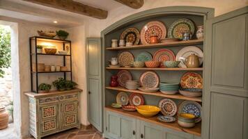 A cozy corner features an open shelving unit displaying a carefully curated collection of artisanal pottery where vibrant earthenware mingle with intricately patterned dishes. photo