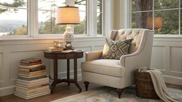 A cozy reading nook is tucked into a corner complete with a soft chair and an elegant side table inviting occupants to unwind and savor the beauty of their natural surroundings.. photo