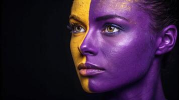 A dramatic portrait featuring one half drenched in a luminescent purple while the opposite side radiates a bright yellow. The division not only separates the colors but also. photo