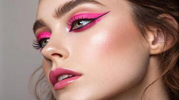 A captivating image of sparkling electric pink eyeliner accentuating almondshaped eyes. The lower lash line is lined with the same neon shade creating a dramatic effect. The rest. photo