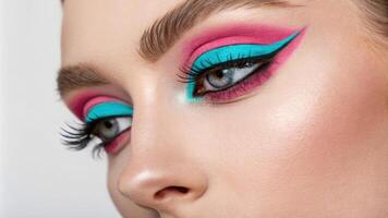 A closeup featuring dualtoned neon eye makeup with the upper eyelid in vibrant turquoise and a contrasting bright fuchsia on the lower lash line. The plain backdrop emphasizes the. photo