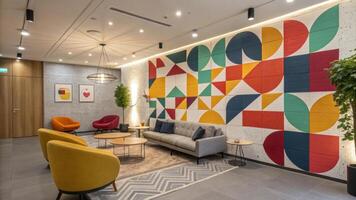 A contemporary lounge area highlights a captivating wall adorned with oversized geometric shapes rendered in daring colors setting a dynamic tone for the entire environment.. photo
