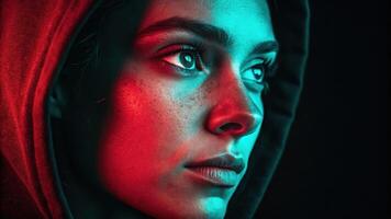 A captivating image where the left side of the face glimmers in a deep red neon light contrasting with a cool teal on the right. The interplay of colors showcases the contours of. photo