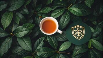 An intimate view of a steaming cup of ashwagandha tea nestled a lush dark green foliage. The warm inviting color of the brew contrasts with the greenery while a bold. photo