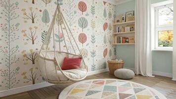 A cozy hanging chair swings gently in the corner inviting little ones to curl up with their favorite stories amidst a playful haven. The soft fabric contrasts nicely against the. photo