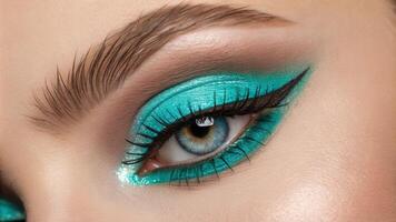 A dazzling portrait of an eye highlighted with luminous neon teal eyeshadow. The inner corner shines with a soft glow emphasizing the eyeliner and the eyes intriguing shape. photo