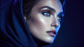 A dramatic portrait showcases a face under a deep indigo spotlight casting an air of sophistication and elegance. The rich color brings out the subjects expressive eyes and. photo