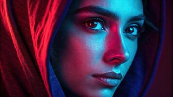 A captivating portrait where deep red and electric blue neon colors interplay across the subjects face creating a sense of depth and intrigue while drawing attention to their. photo
