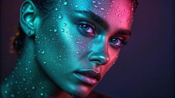 A captivating portrait with a face directly facing the camera adorned with shimmering water droplets. Neon hues swirl around imbuing the skin with a magical quality making the. photo