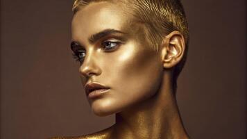 A captivating portrait of a person with a polished face brightened by a fiery golden sheen. Each contour glimmers with light drawing attention to the sharp jawline and cheekbones. photo