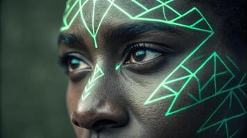 A closeup view of an individuals face with sharp angular patterns of electric green projected across their forehead and . The geometric shapes create a dramatic effect emphasizing. photo