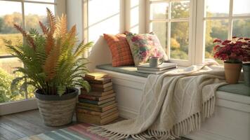 A cozy reading nook bathed in sunlight features a plush throw and a stack of books nestled a colorful potting ferns and delightful ornamental flora.. photo