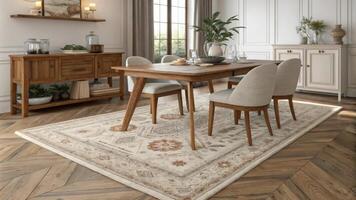 A cozy rug with subtle patterns lies beneath the dining table adding warmth and comfort to the space. Its muted colors complement the wood tones and blend seamlessly with the. photo