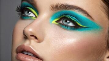 A captivating image of a person with enveloping bluegreen eyeshadow that envelops their eyes leading to a bright neonyellow accent under their brow. The lighting enhances the vivid. photo