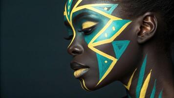 A dramatic closeup highlighting the contrast of glowing yellow and dark teal shapes painted across the models face. The geometric patterns are sharply defined giving a modern and. photo