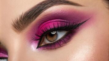 A closeup image showing an eye embellished with a dark yet electric neon magenta eyeshadow. The highlight in the inner corner glistens brightly contrasting beautifully with the. photo