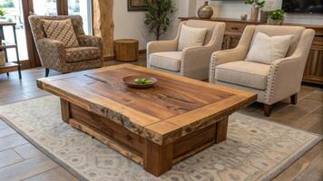 A large handcrafted wooden coffee table with elegant grain patterns anchors the center of the room. Surrounding it are plush armchairs upholstered in organic fabric providing. photo
